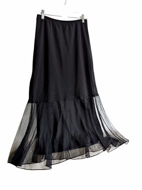 Metaphor Black Beaded Mesh Tiered Midi Skirt - Size Medium